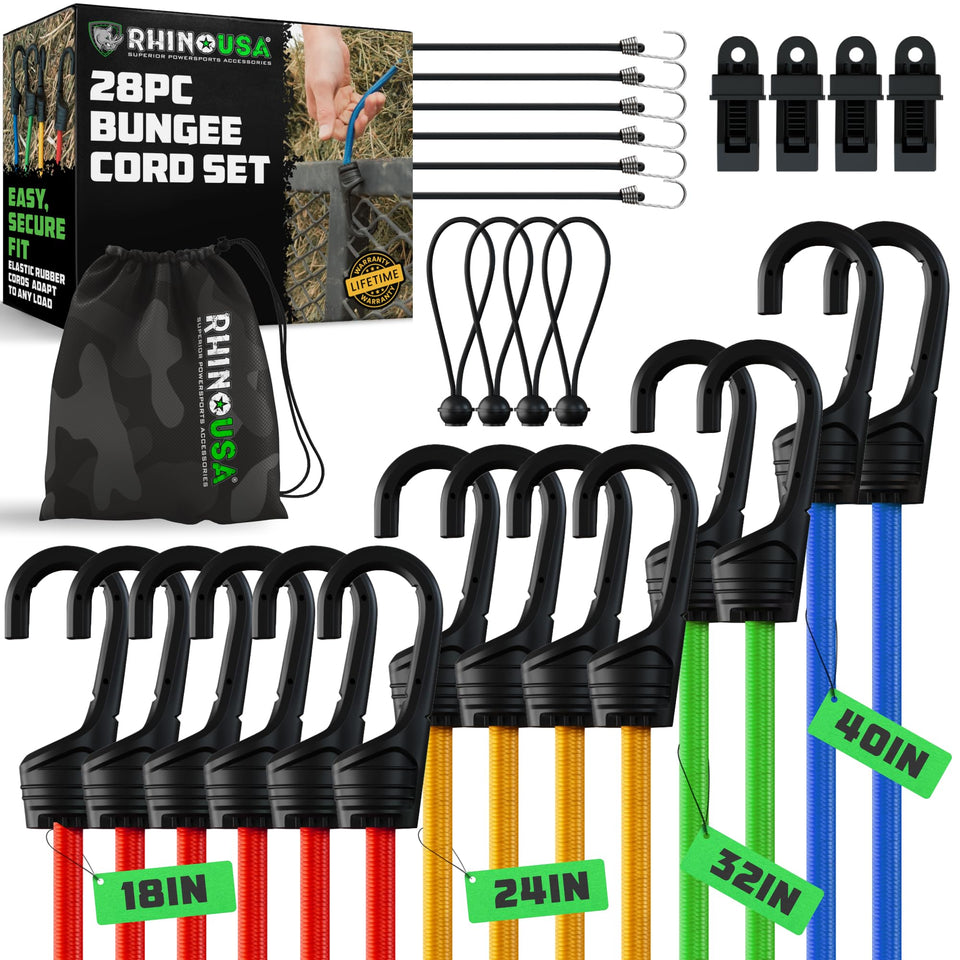 Rhino USA 40 inch blue bungee cord with hooks secures cargo during transport