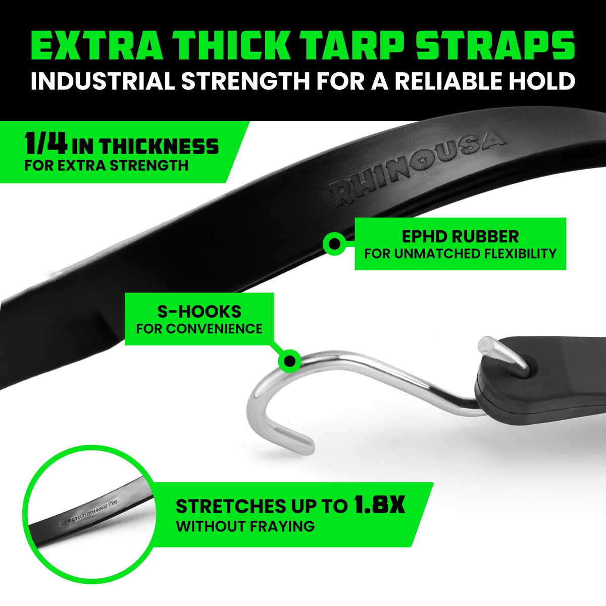 Rhino USA bungee hooks with three anchor holes enabling multiple configurations