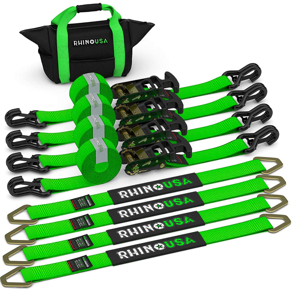 Rhino USA car hauler strap 4-pack front view for secure trailer tie-downs.