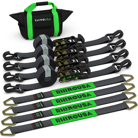 Rhino USA car tie down straps with J hooks securing a trailer load