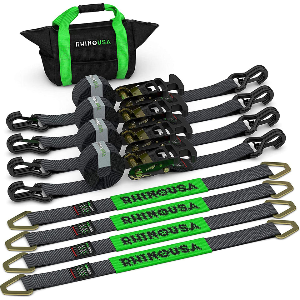 Rhino USA car tie down straps with J hooks securing a trailer load