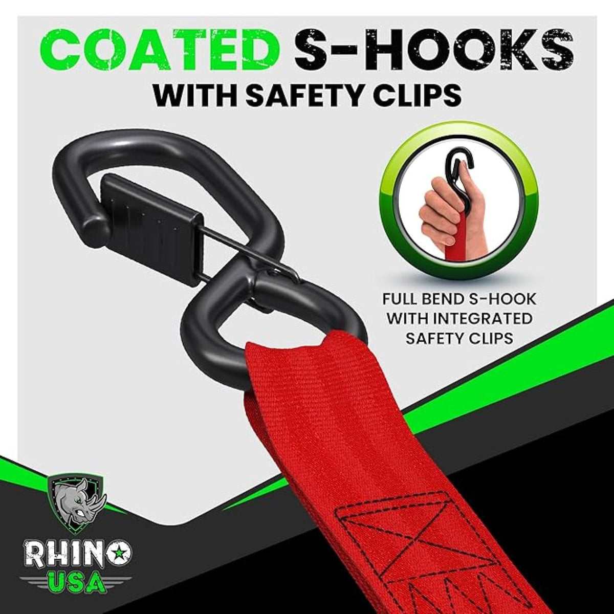 Rhino USA coated-full-bend s-hooks protect anchor points and cargo.