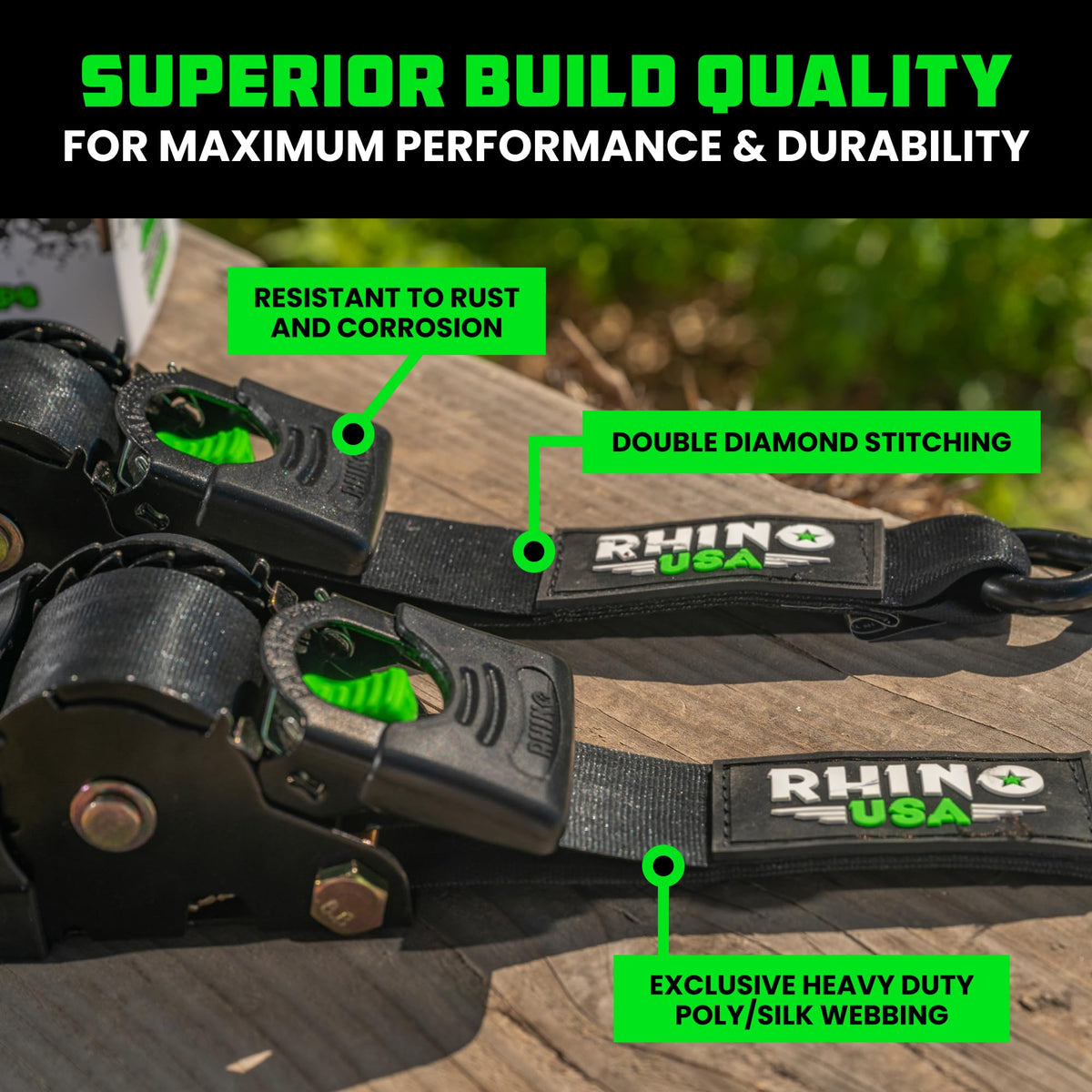 Rhino USA electro-plated ratchet provides durable, corrosion-resistant performance.