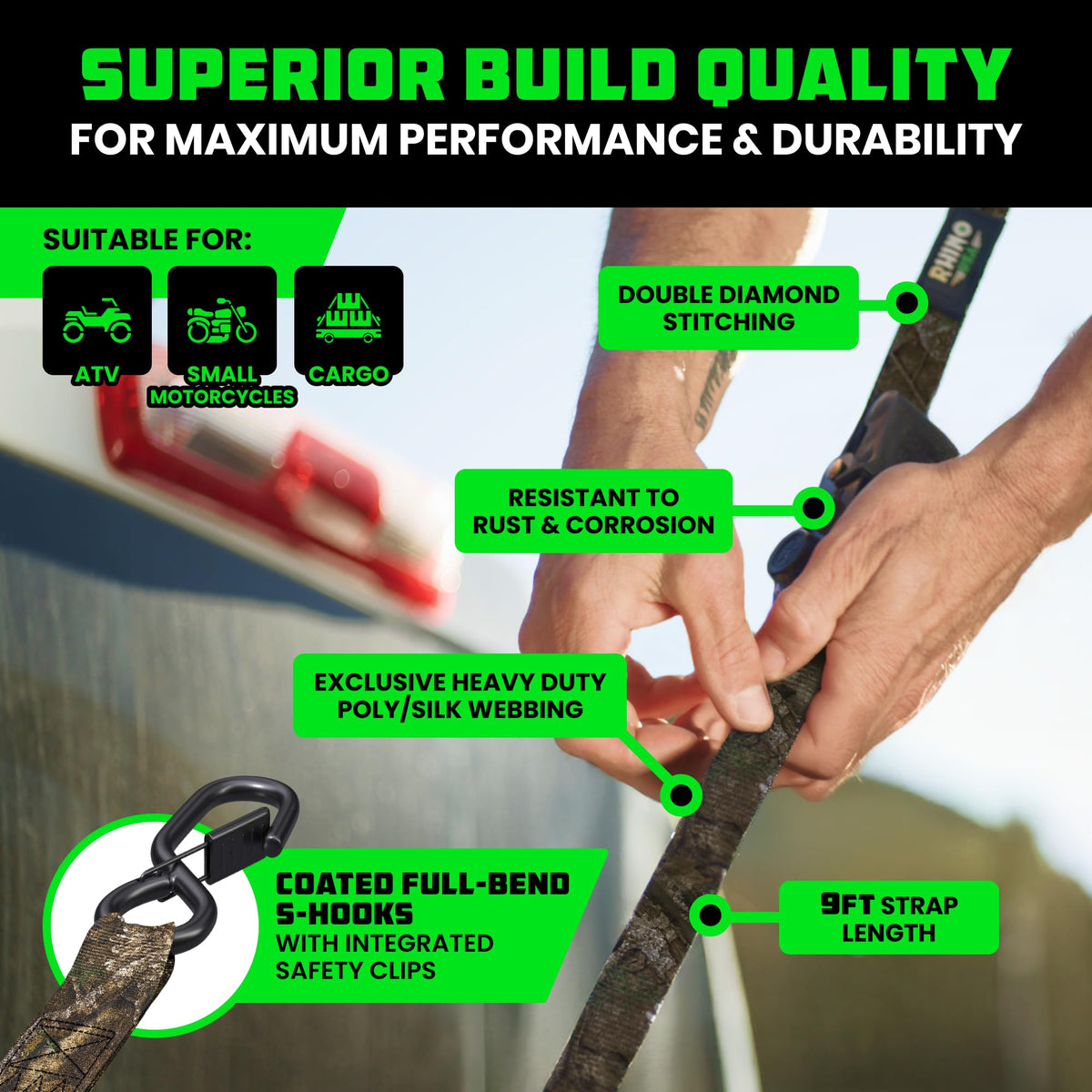 Rhino USA electro-plated zinc ratchet highlights durability during hauling.