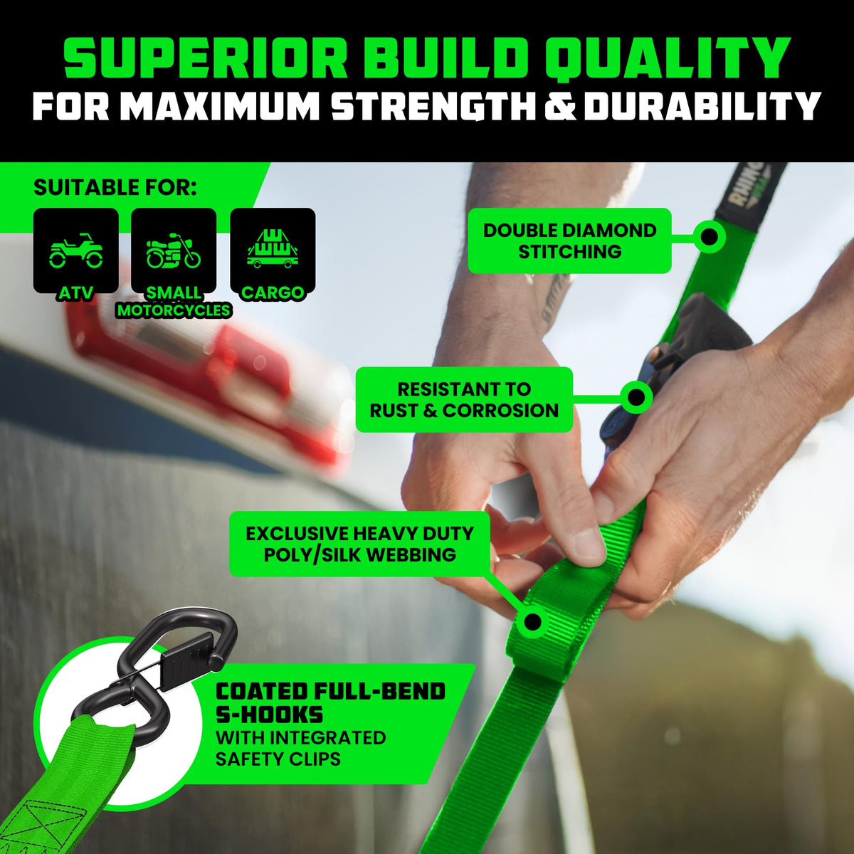 Rhino USA electro-plated zinc ratchet showing durable hardware