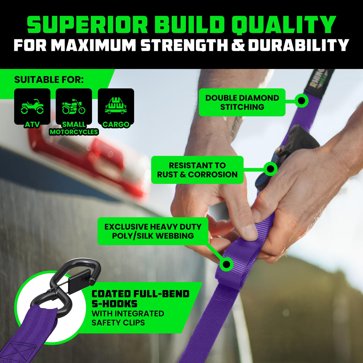 Rhino USA ergonomic padded handle enhances comfort during tensioning.