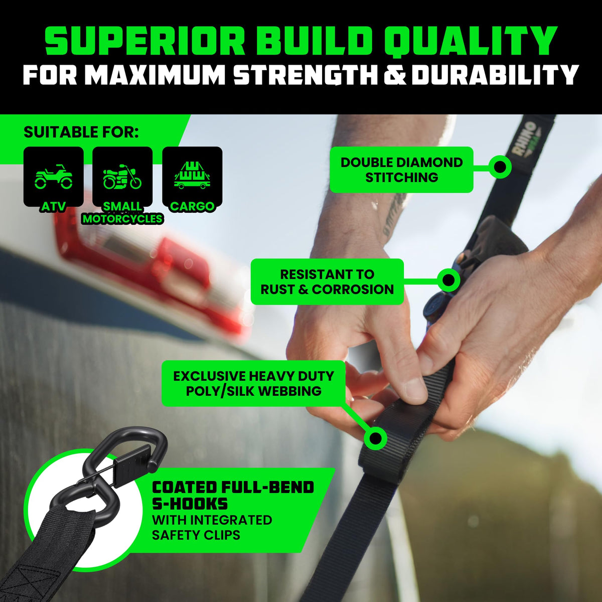 Rhino USA ergonomic padded handle improves grip during heavy-duty securing tasks