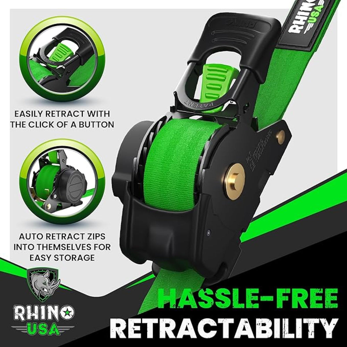 Rhino USA retractable strap close-up showing padded ergonomic handle for comfort.
