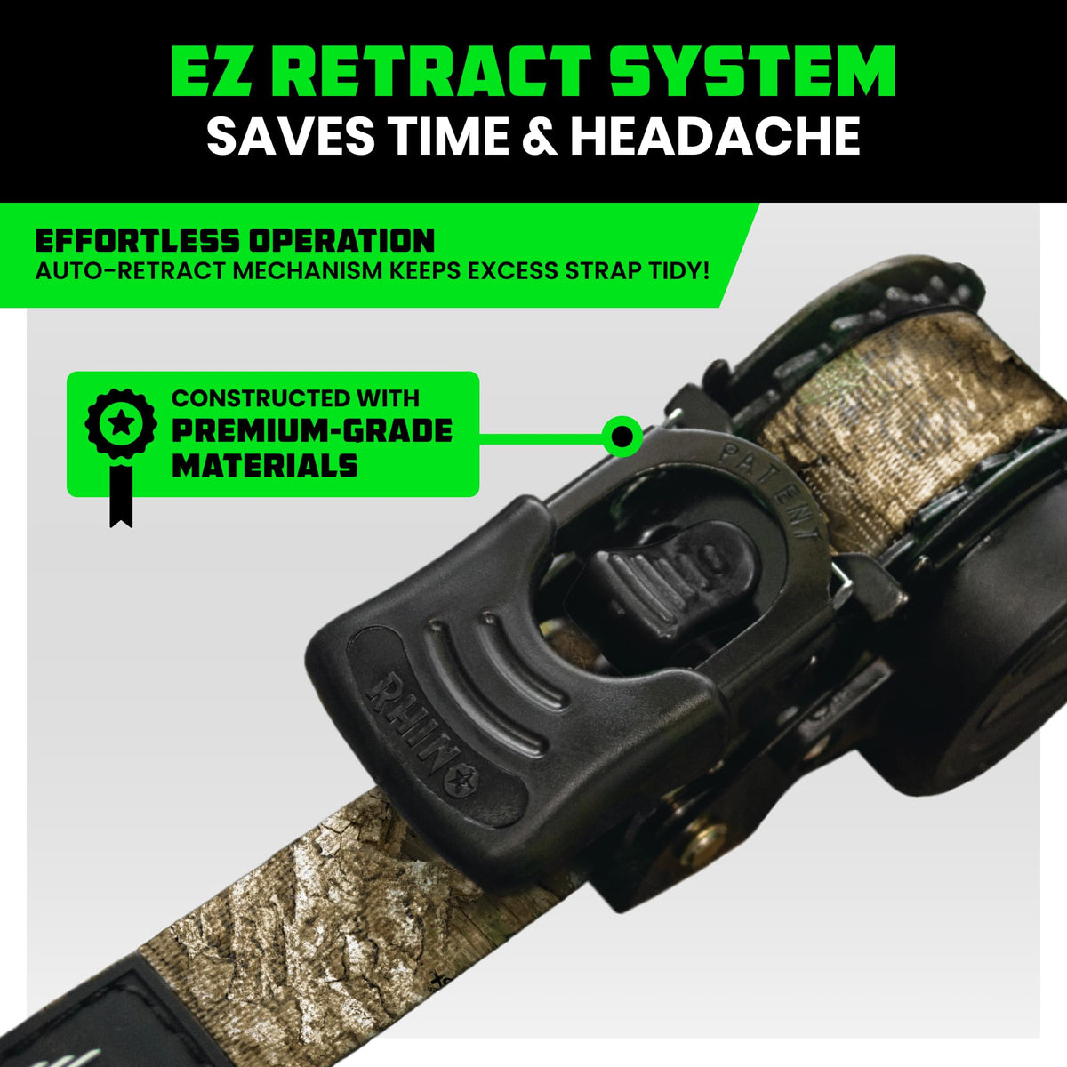Rhino USA EZ-Release end cap detail for quick, safe strap release.
