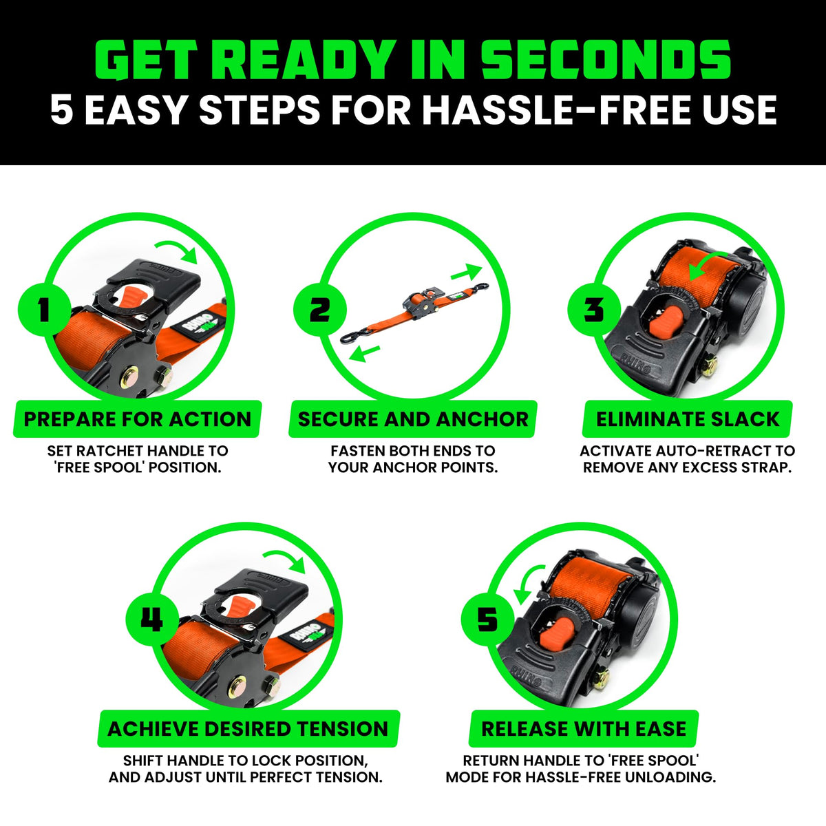 Rhino USA orange straps securing cargo in a truck bed