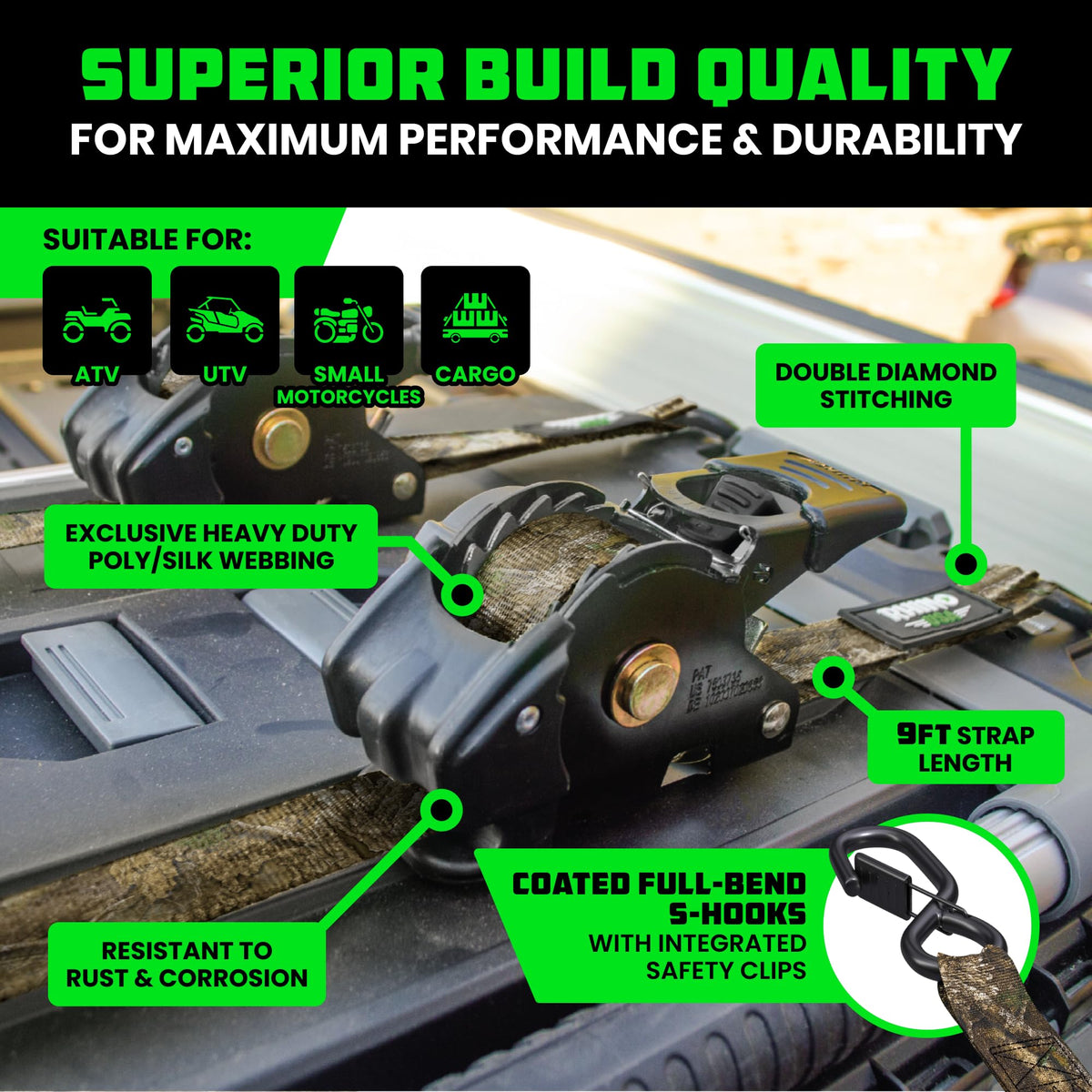 Rhino USA padded handle close-up emphasizes comfortable operation during tensioning.