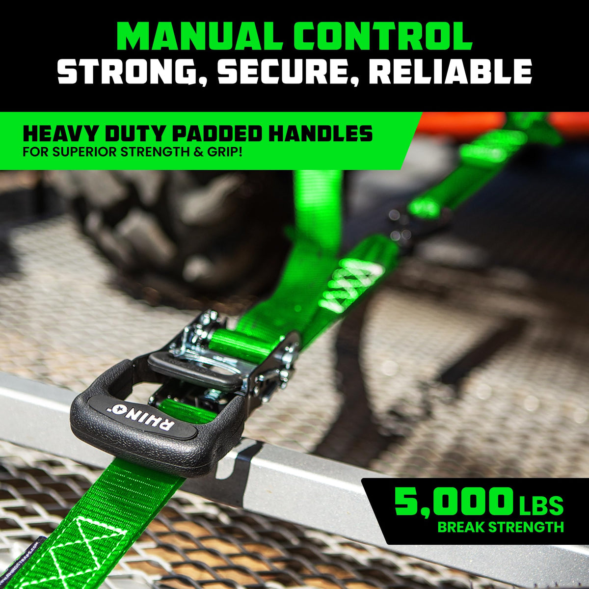 Rhino USA ratchet handle close-up shows ergonomic grip for comfortable tie-downs.