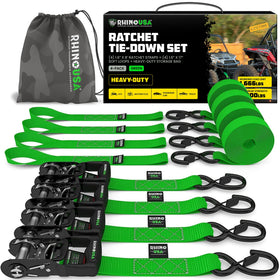 Rhino USA ratchet straps heavy-duty kit in box, ideal for quick setup and storage.