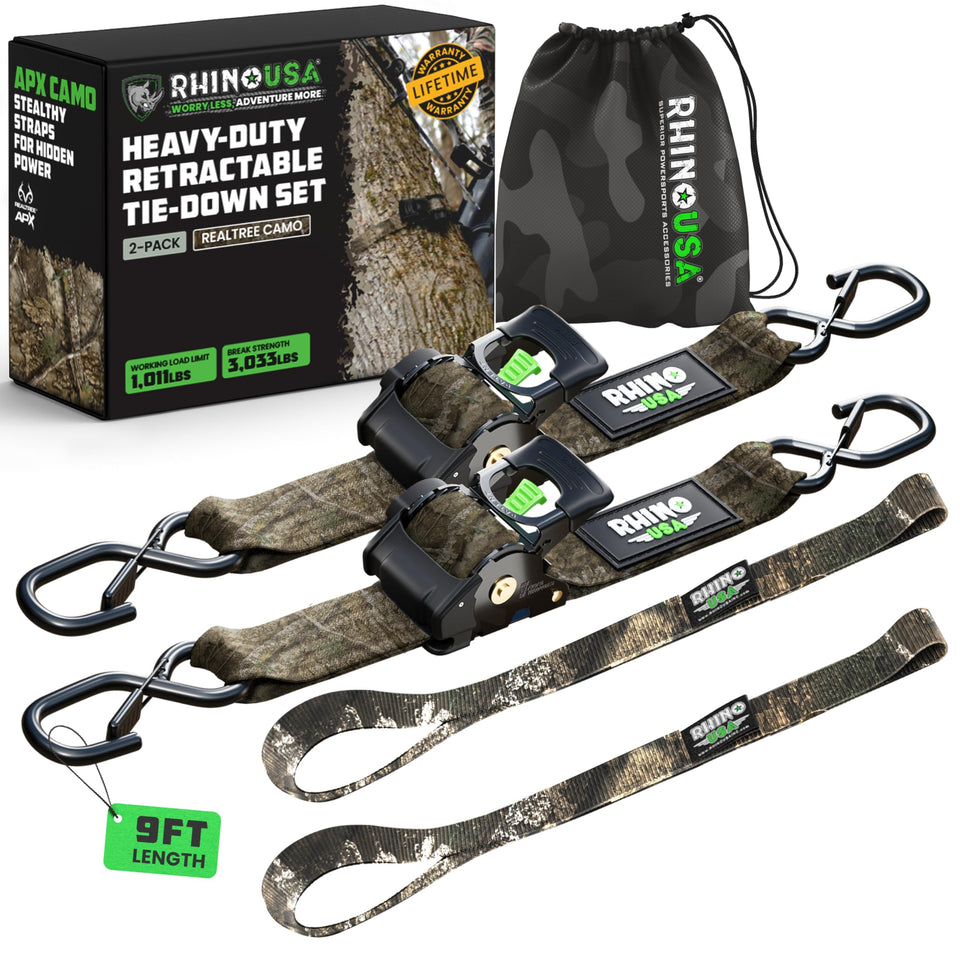 Rhino USA Realtree APX camo strap set with dual retractables for secure outdoor hauling.