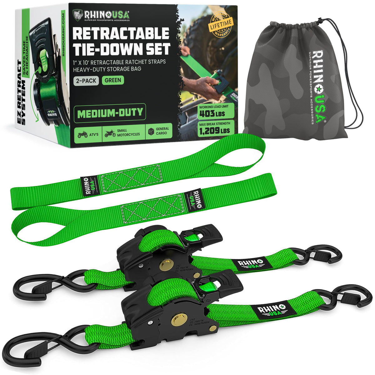 Rhino USA retractable ratchet strap extended for secure cargo on a truck bed