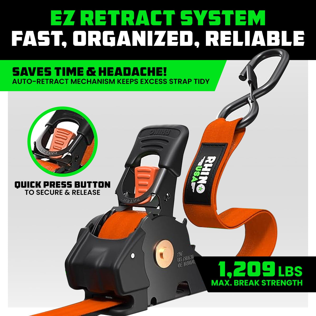 Rhino USA strap button retraction demonstrates effortless strap length control