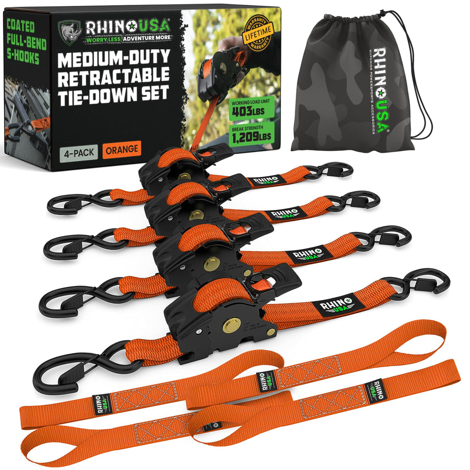Rhino USA retractable strap extended for quick secure cargo tie-down