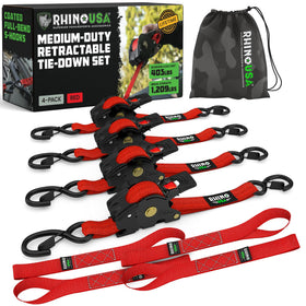 Rhino USA retractable ratchet strap 1in 10ft in use for secure cargo.