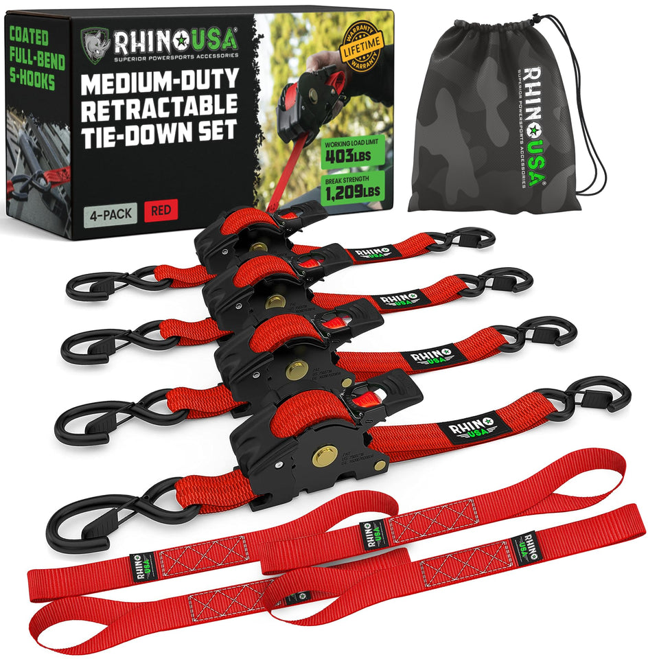Rhino USA retractable ratchet strap 1in 10ft in use for secure cargo.