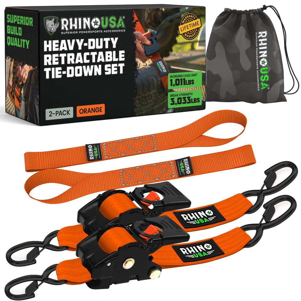 Rhino USA retractable ratchet strap 2-pack in orange for secure cargo on trucks