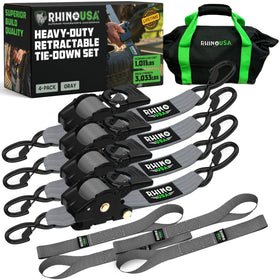Rhino USA retractable ratchet strap in gray 2in x 10ft secures cargo quickly