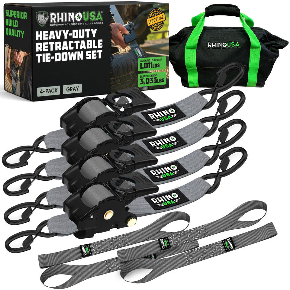 Rhino USA retractable ratchet strap in gray 2in x 10ft secures cargo quickly