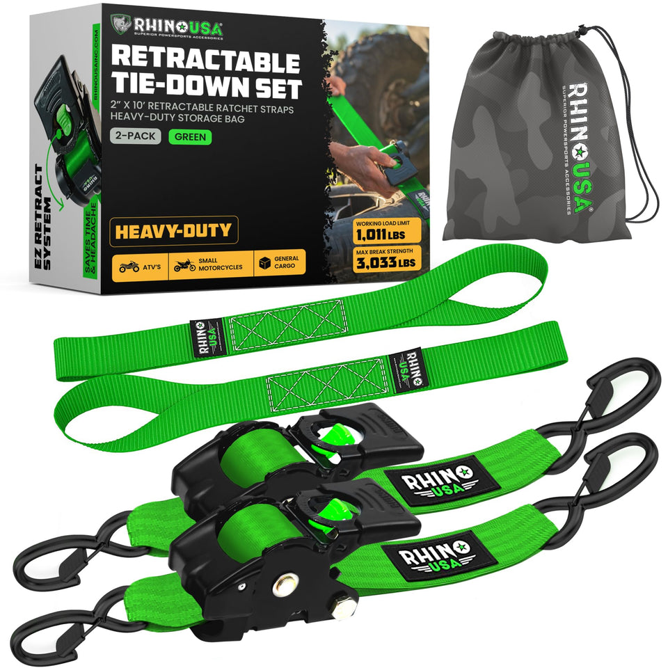 Rhino USA retractable ratchet strap in green for secure cargo transport