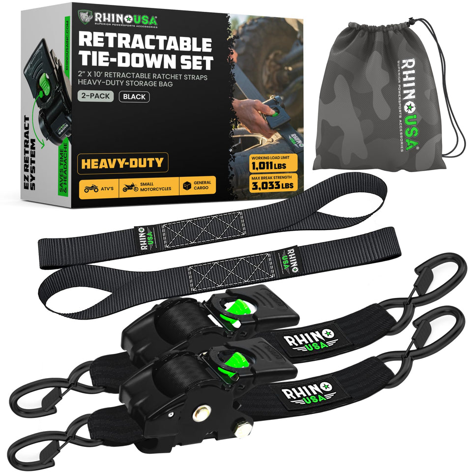 Rhino USA retractable ratchet strap 2in x 10ft ready for secure cargo use.