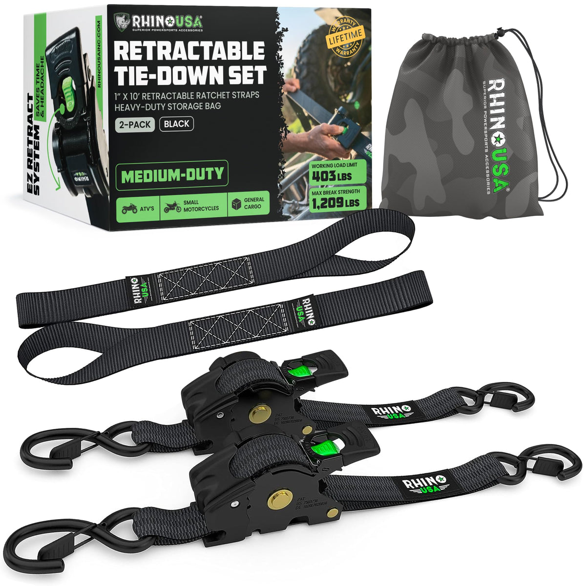 Rhino USA retractable strap 2-pack: compact 1in x 10ft for secure cargo