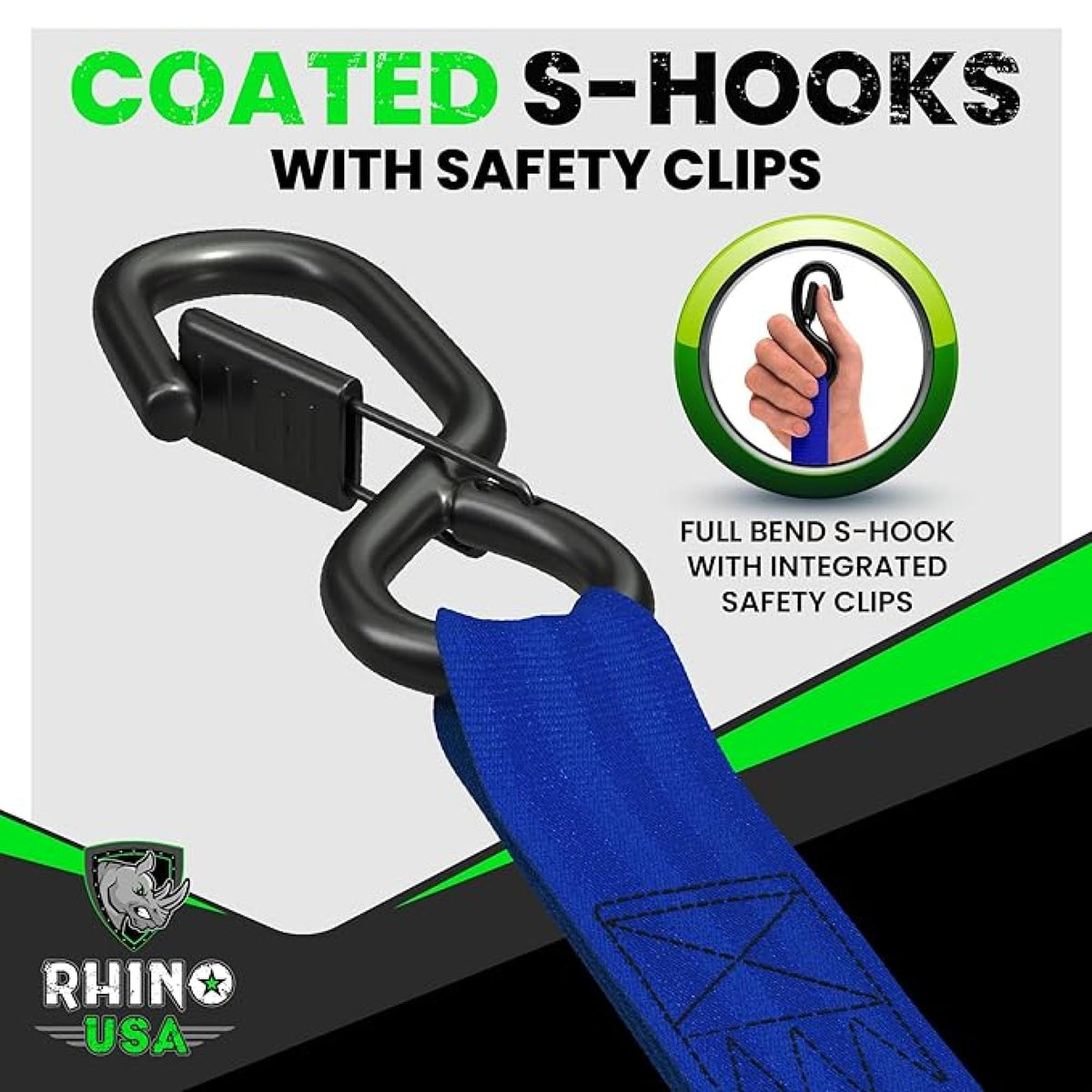 Rhino USA coated full-bend S-hooks protecting cargo and mounting points