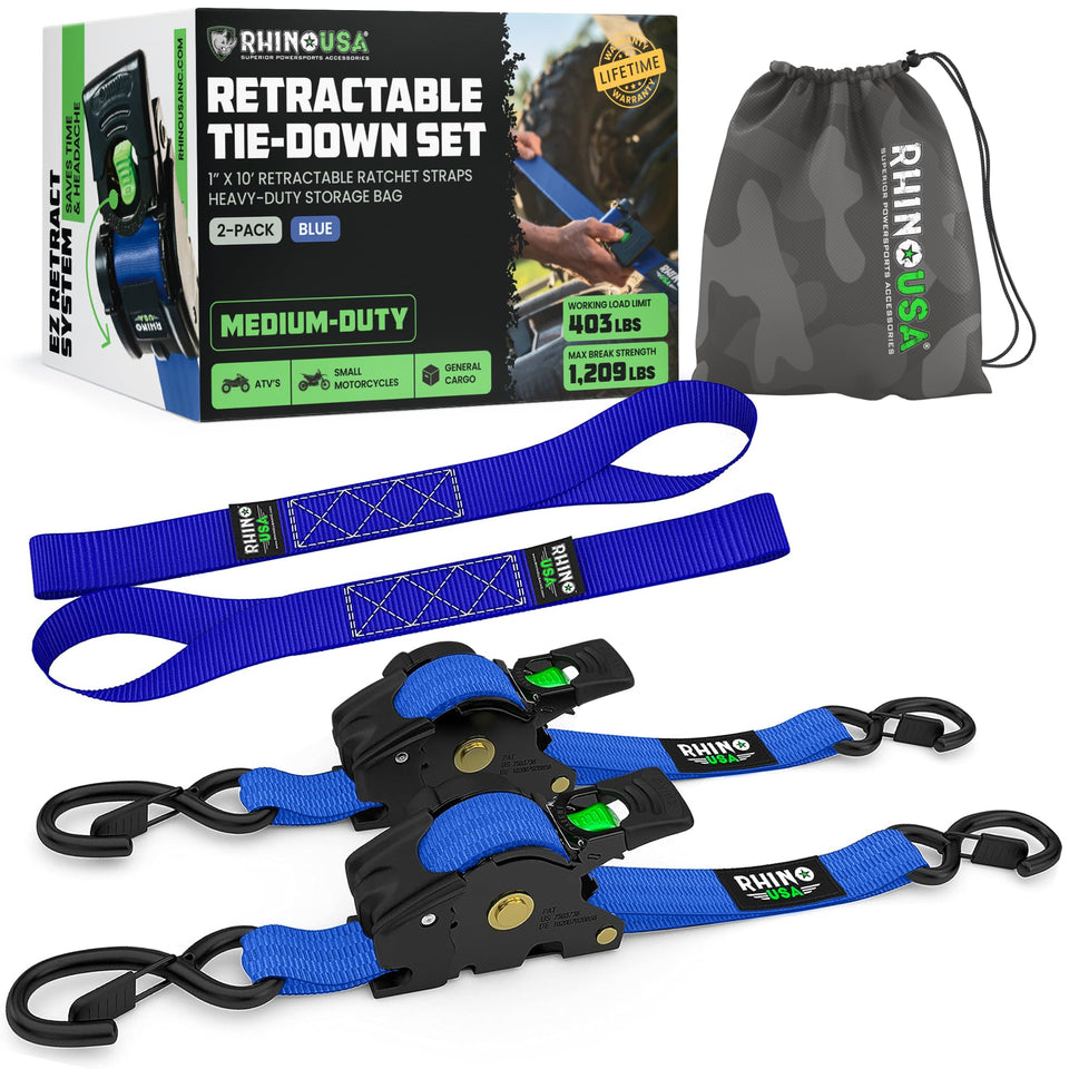 Rhino USA retractable ratchet strap 2-pack blue extended strap for secure cargo