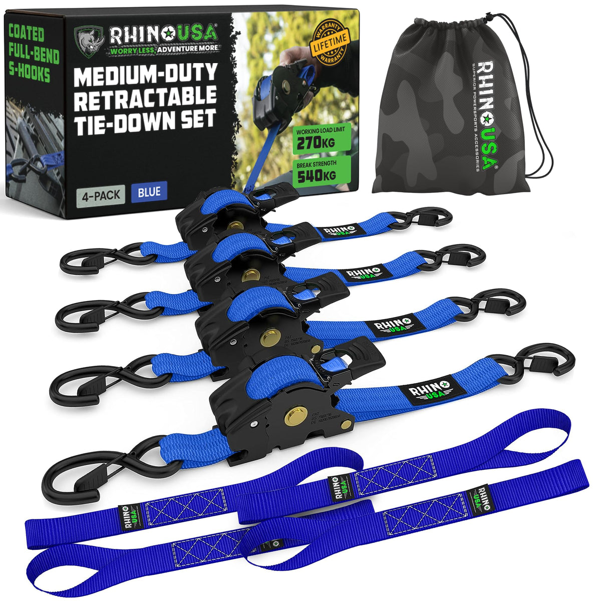 Rhino USA retractable ratchet strap 4-pack securing cargo for trucks and trailers