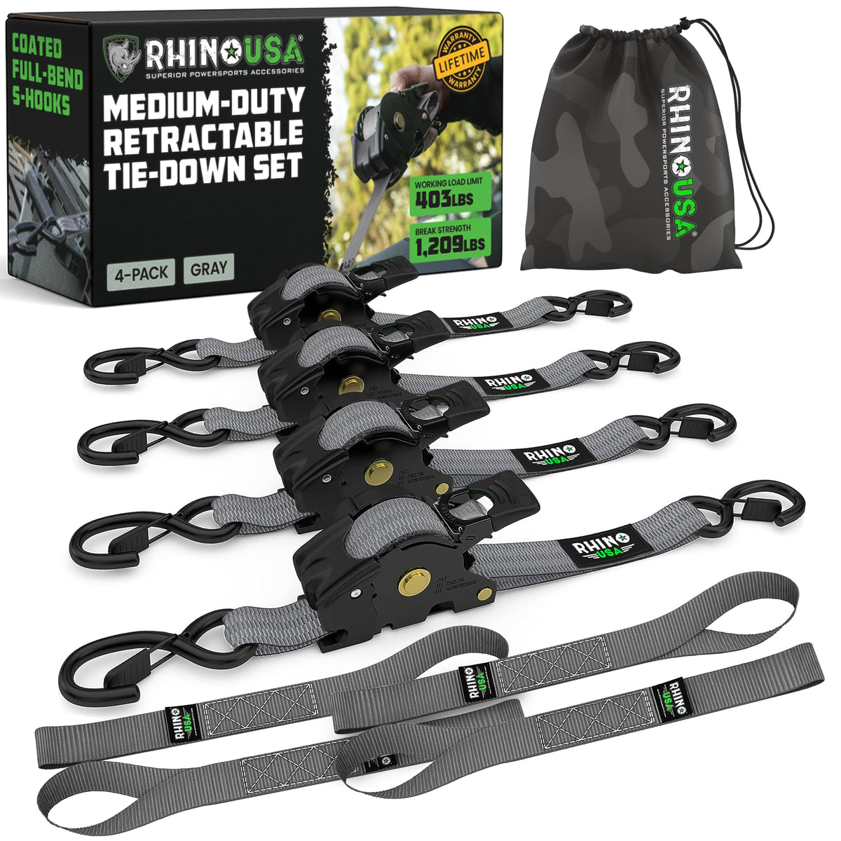 Rhino USA retractable ratchet mechanism close-up for secure tie-downs