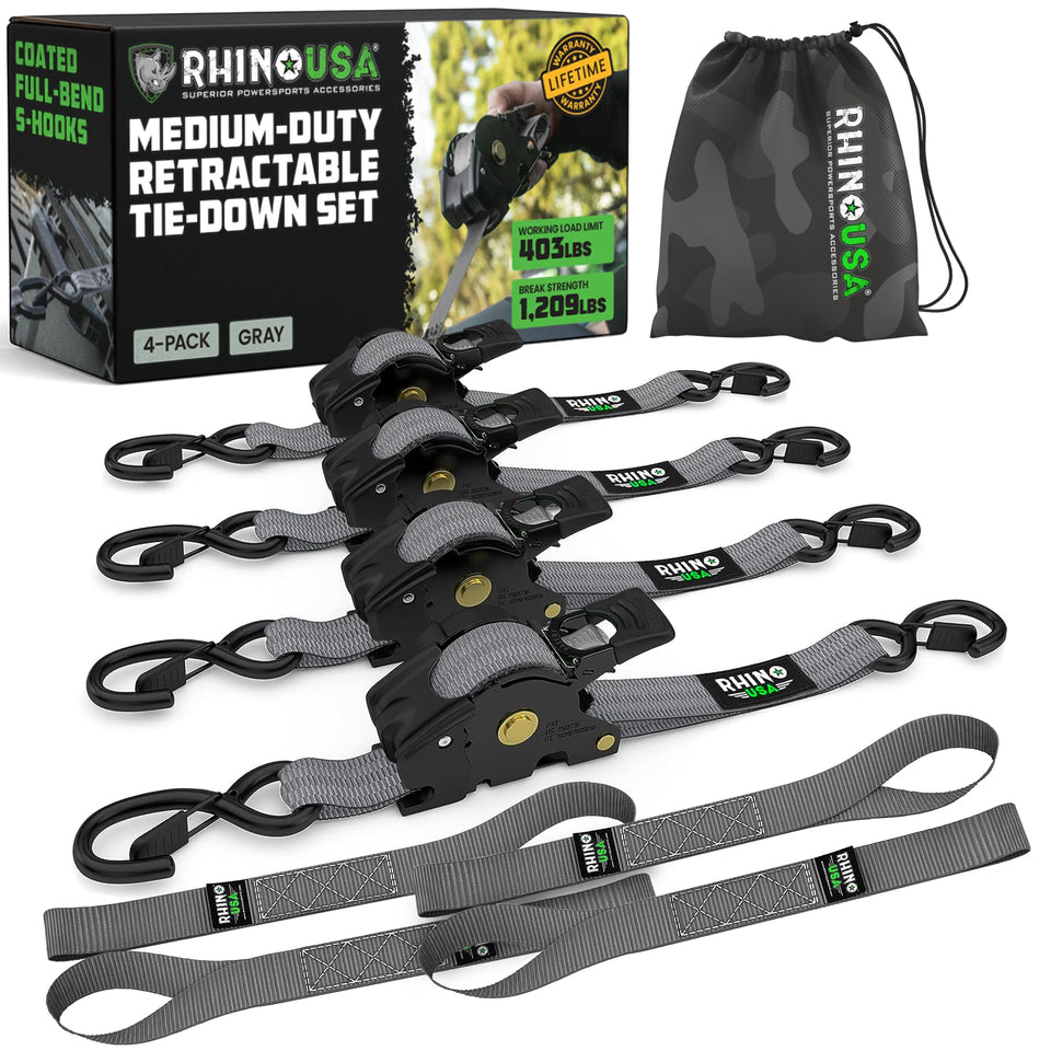 Rhino USA retractable ratchet mechanism close-up for secure tie-downs