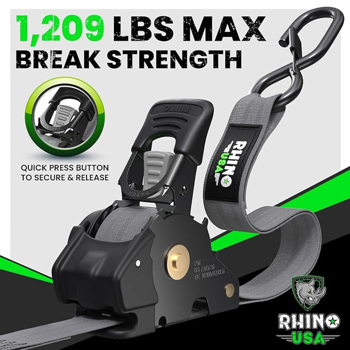 Rhino USA self-retracting action demonstrated for quick, tidy securing of gear