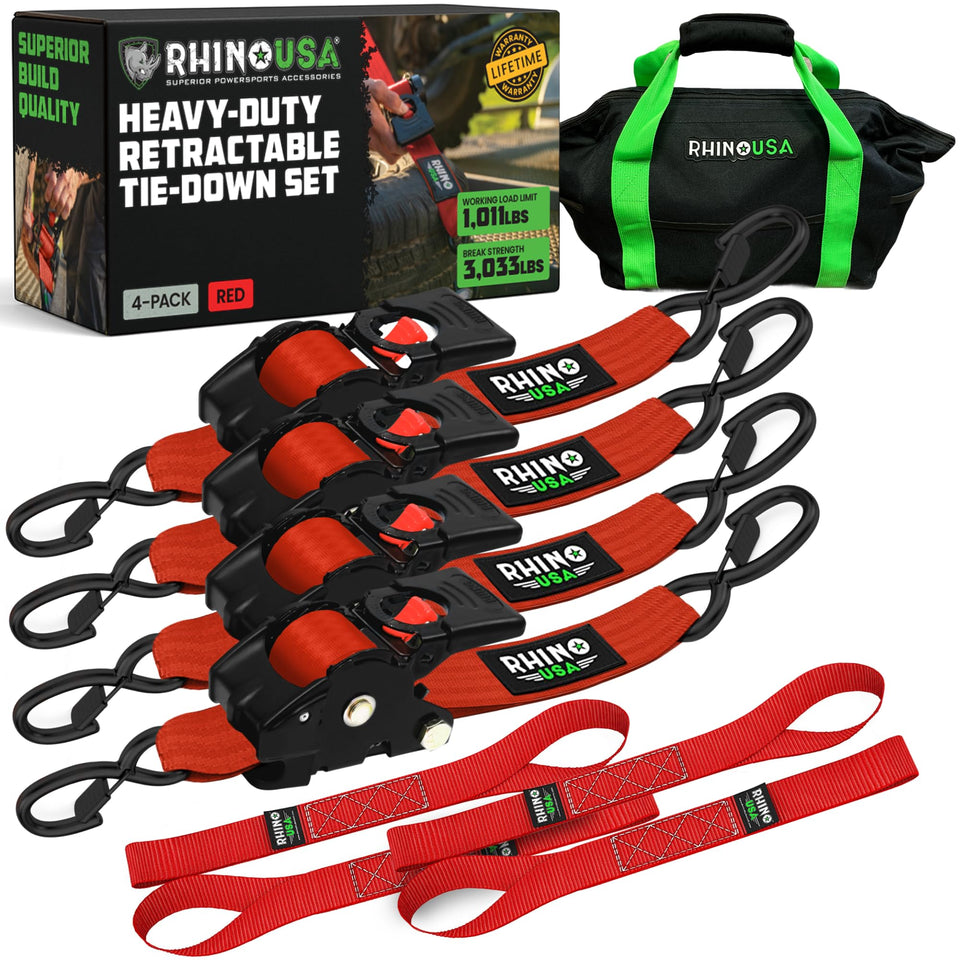 Rhino USA retractable ratchet strap 4-pack red for secure cargo on trucks.