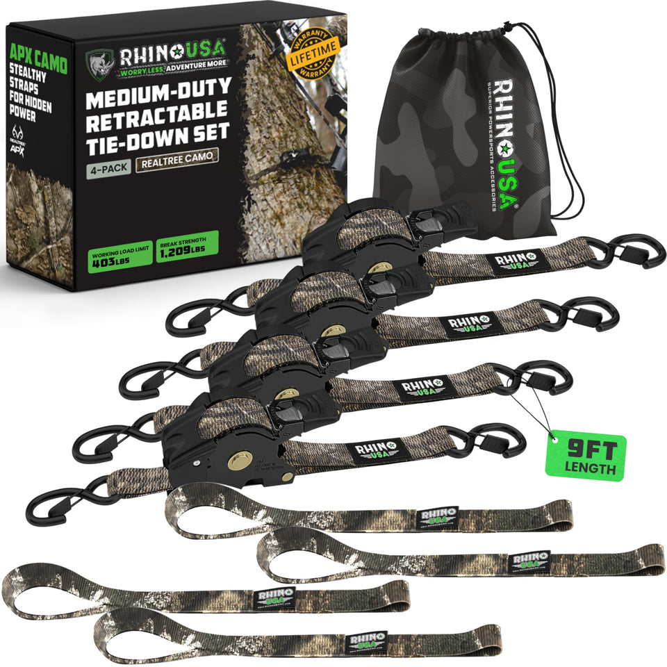 Rhino USA retractable ratchet strap 4-pack in packaging for quick cargo securing.
