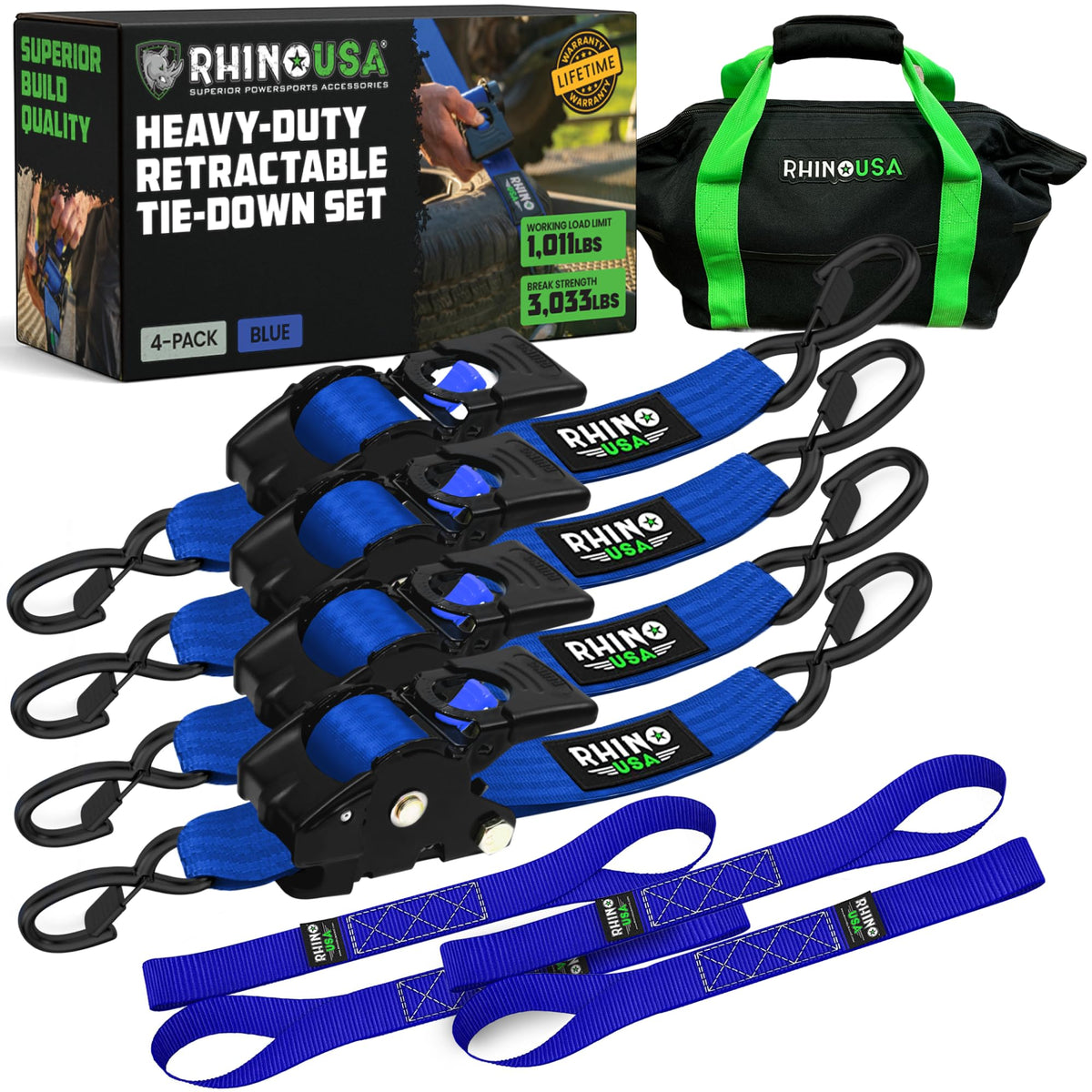 Rhino USA retractable ratchet strap in action securing cargo on a vehicle