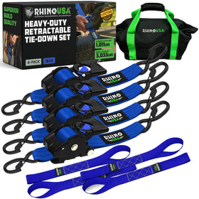 Rhino USA retractable ratchet strap in action securing cargo on a vehicle