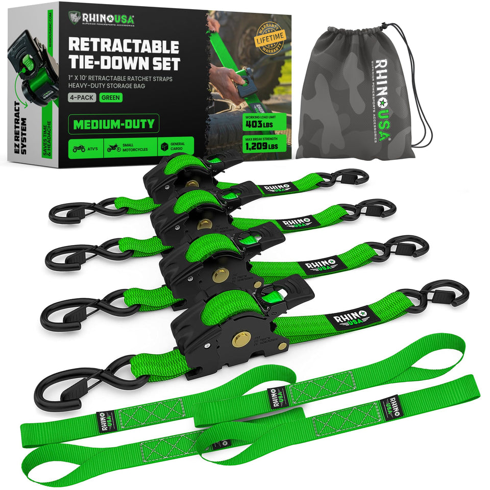 Rhino USA retractable ratchet strap in green securing cargo on a truck bed.
