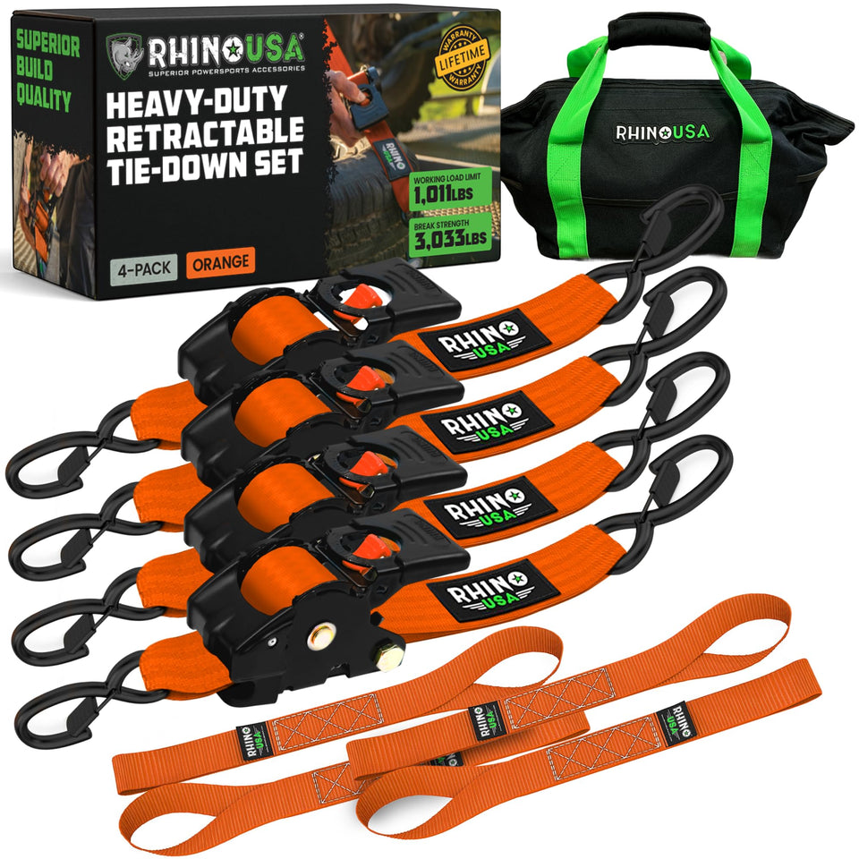 Rhino USA retractable ratchet strap orange in action securing cargo quickly.