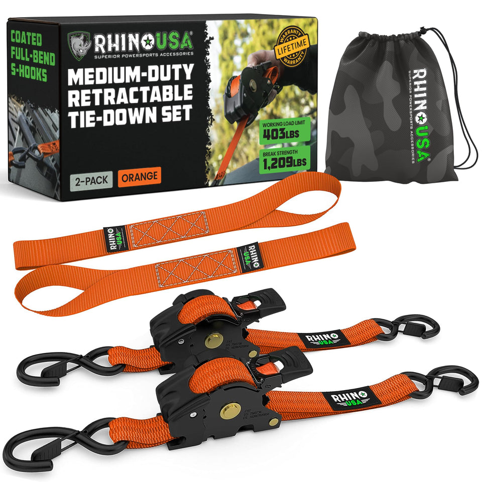 Rhino USA retractable ratchet strap setup for fast cargo security