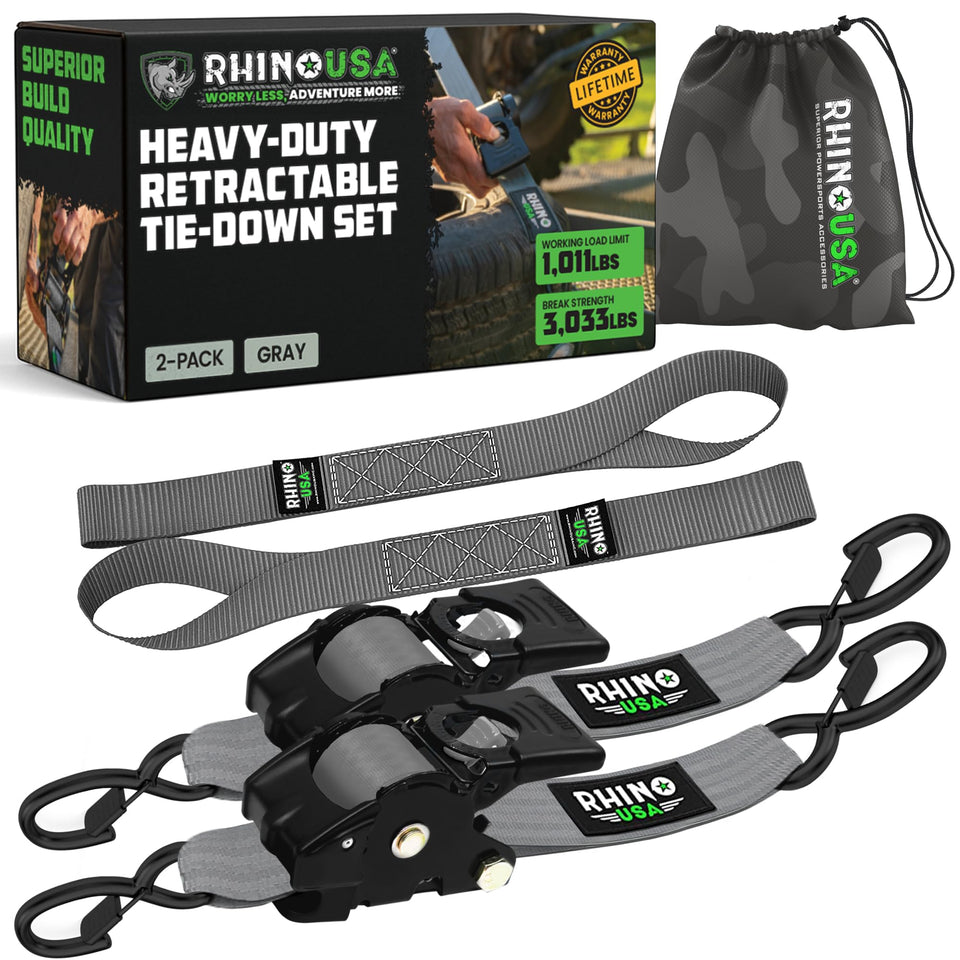 Rhino USA retractable strap in use securing cargo with quick release