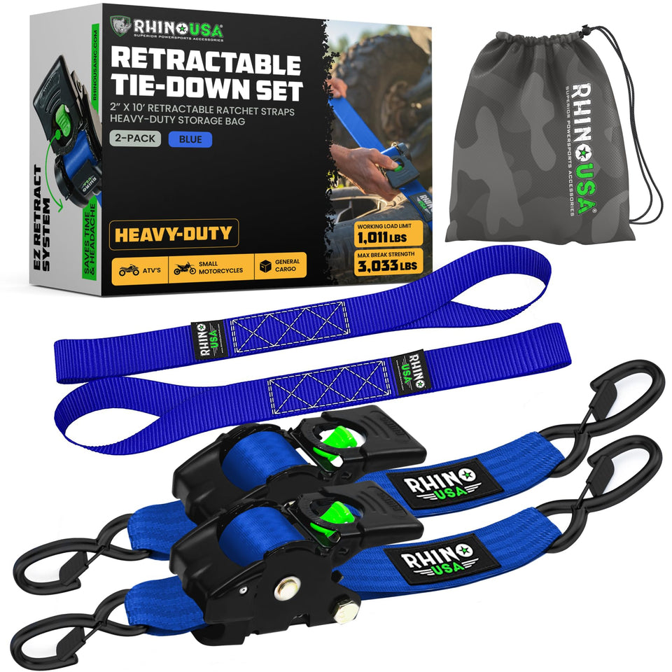 Rhino USA retractable ratchet straps in blue, ready for cargo securement.