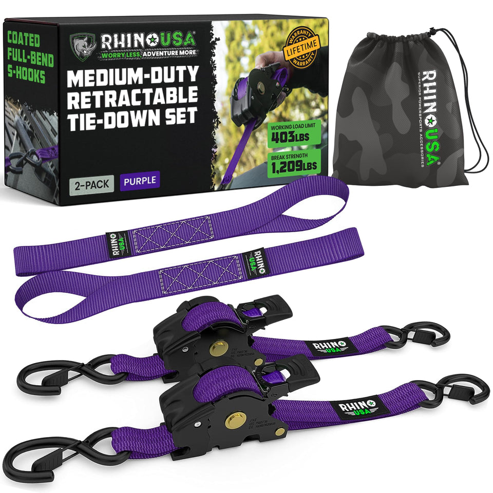 Rhino USA retractable straps extended for quick, secure cargo restraint.