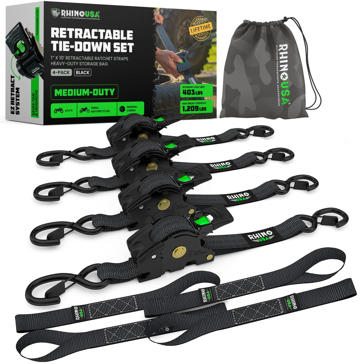 Rhino USA retractable ratchet straps in action securing cargo on a trailer.