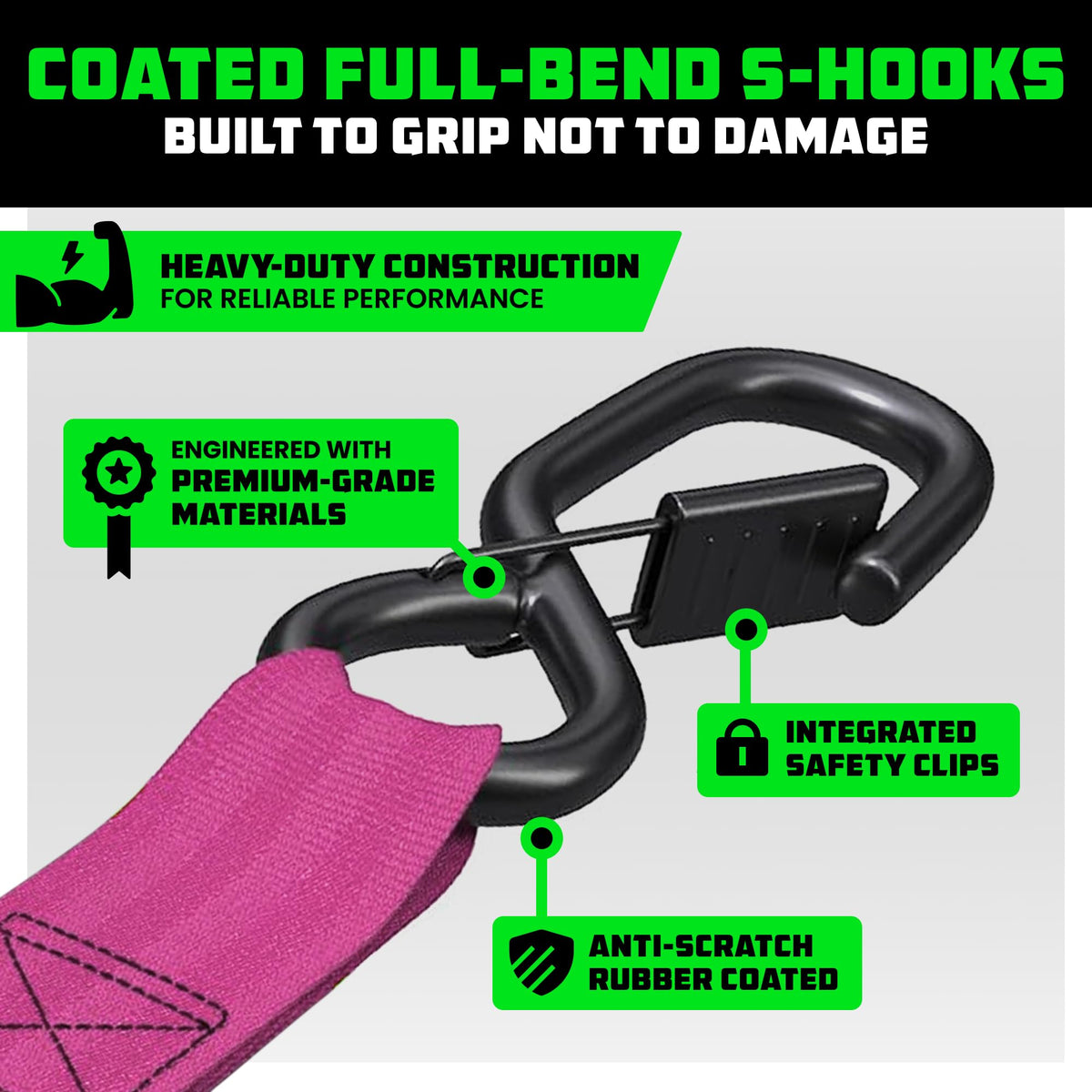 Rhino USA retractable ratchet straps featuring coated full bend S-hooks for secure attachment
