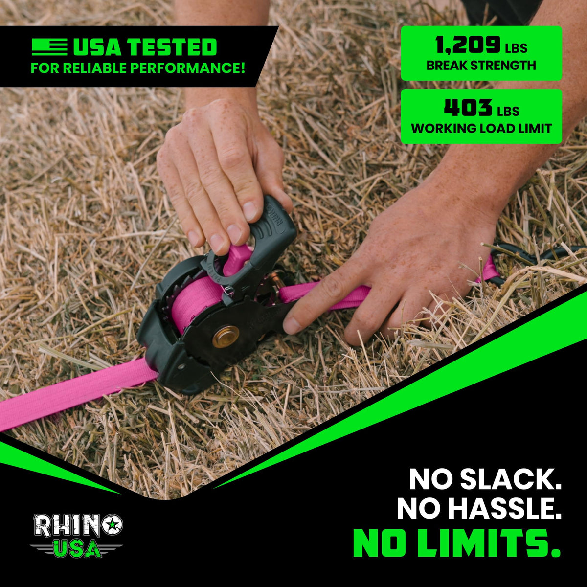Rhino USA retractable ratchet straps showing multi-use anchor points for flexibility