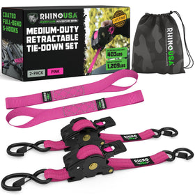 Rhino USA retractable ratchet straps showing self-retracting mechanism for quick setup