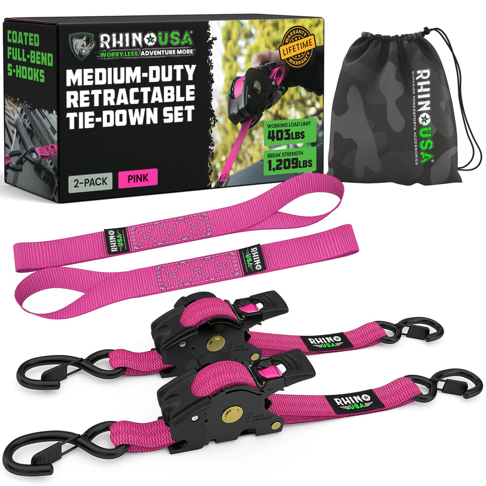 Rhino USA retractable ratchet straps showing self-retracting mechanism for quick setup
